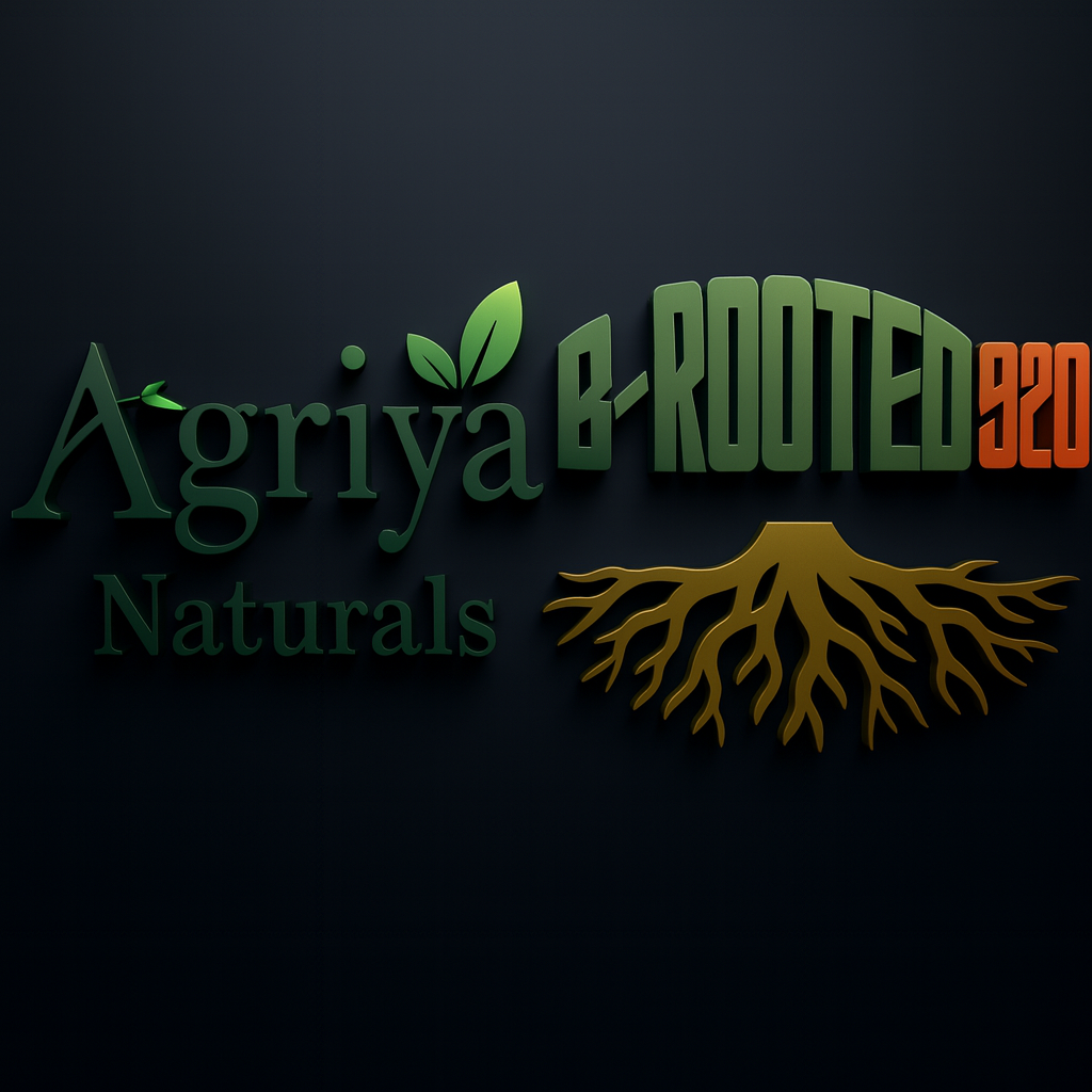 Agriya Naturals & B-Rooted 920 3D Logo (Transparent Background) Front-facing 3D logo featuring Agriya Naturals in green with leaf details and B-Rooted 920 in bold green and orange with root design, on a transparent background.