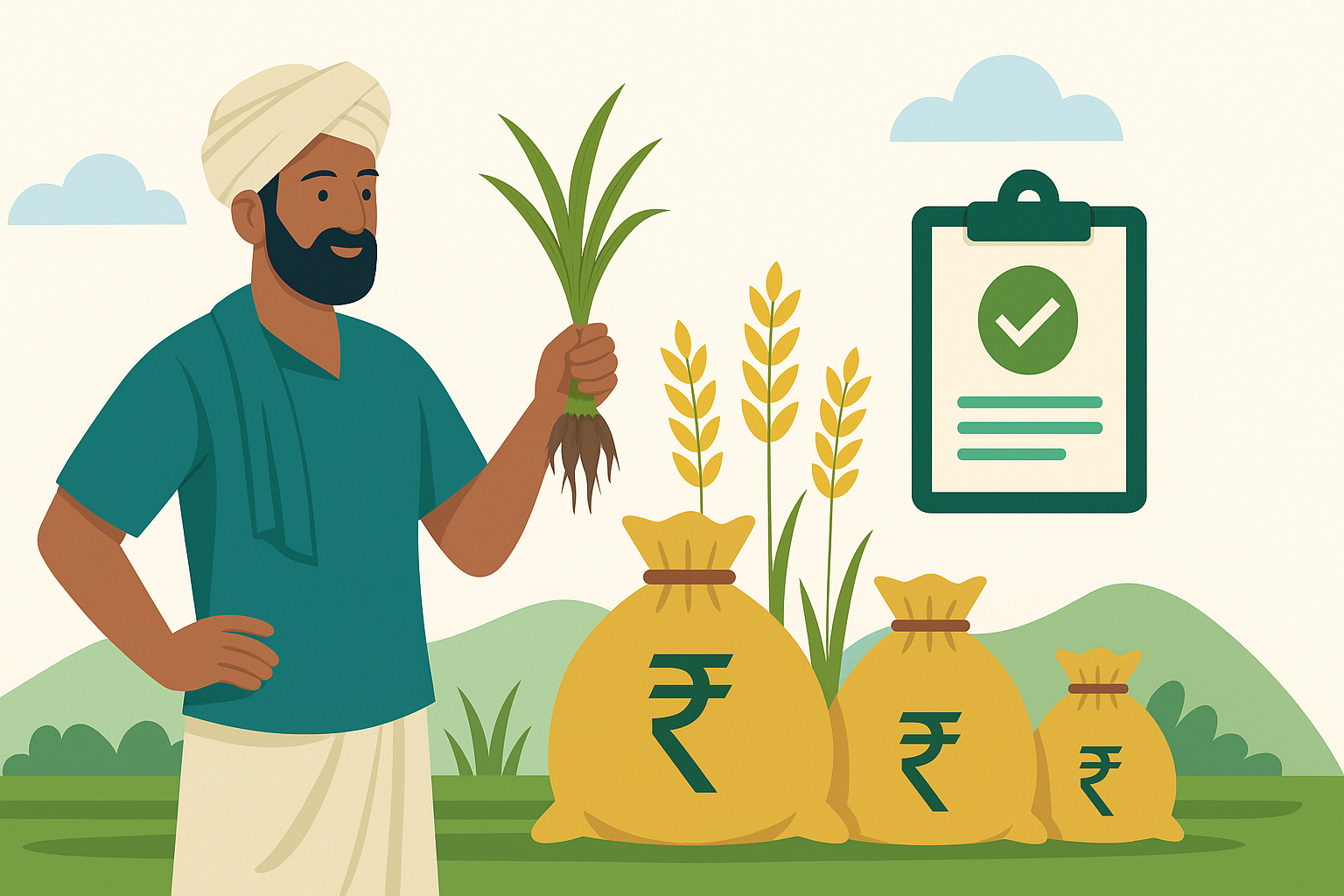 Farmer Partnership with Strivara Global Illustration of a farmer partnership concept showing a farmer, farmland, and rupee symbol representing fair pricing and sustainable collaboration.