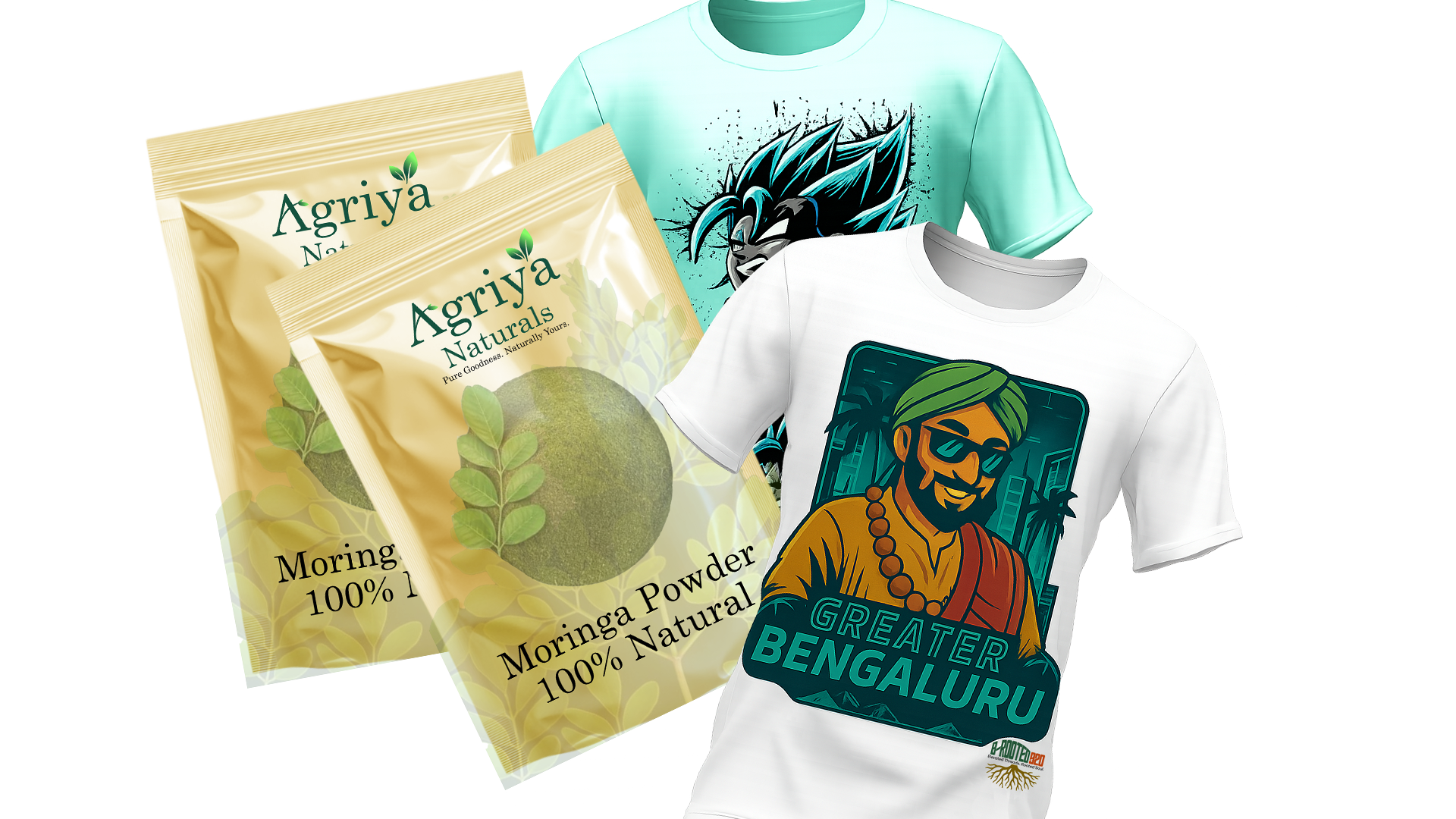 Agriya Naturals & B-Rooted 920 Product Mockup Mockup image displaying Agriya Naturals moringa powder packaging alongside B-Rooted 920 T-shirts, including a cultural “Greater Bengaluru” design and an anime-inspired graphic.
