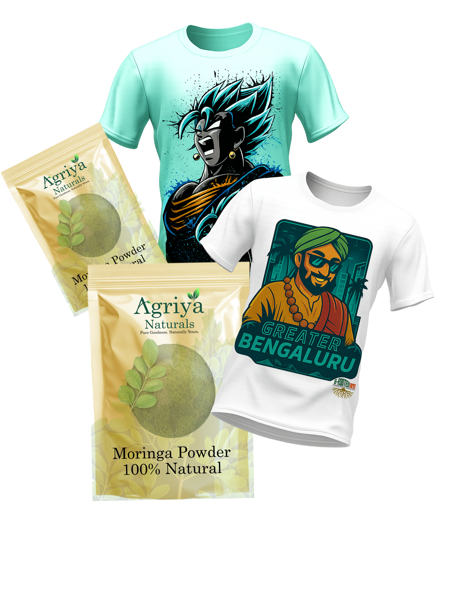 Agriya Naturals & B-Rooted 920 – A Glimpse of Strivara Global Mockup showcasing Agriya Naturals moringa powder packaging and B-Rooted 920 Bengaluru-inspired T-shirts.