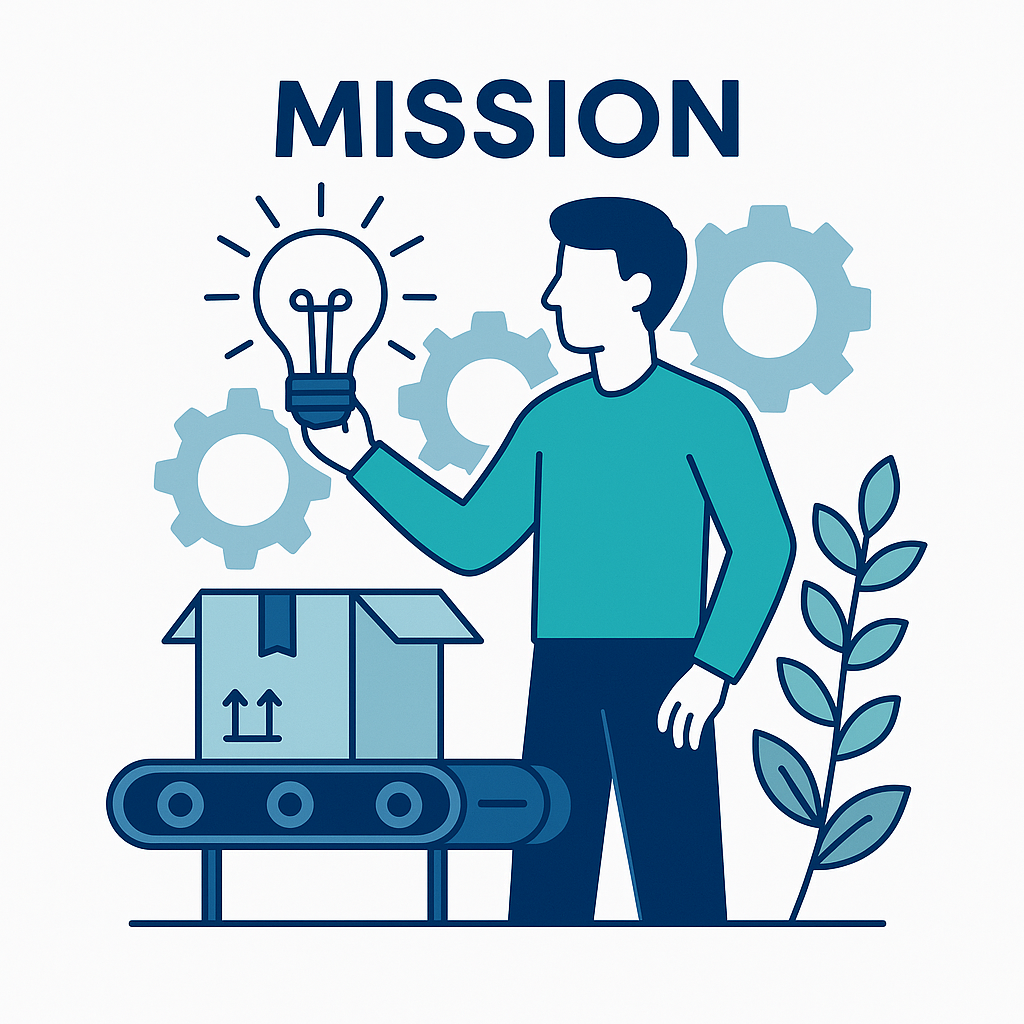 Illustration of a person holding a lightbulb near gears and a conveyor belt, symbolizing innovation and purposeful growth.