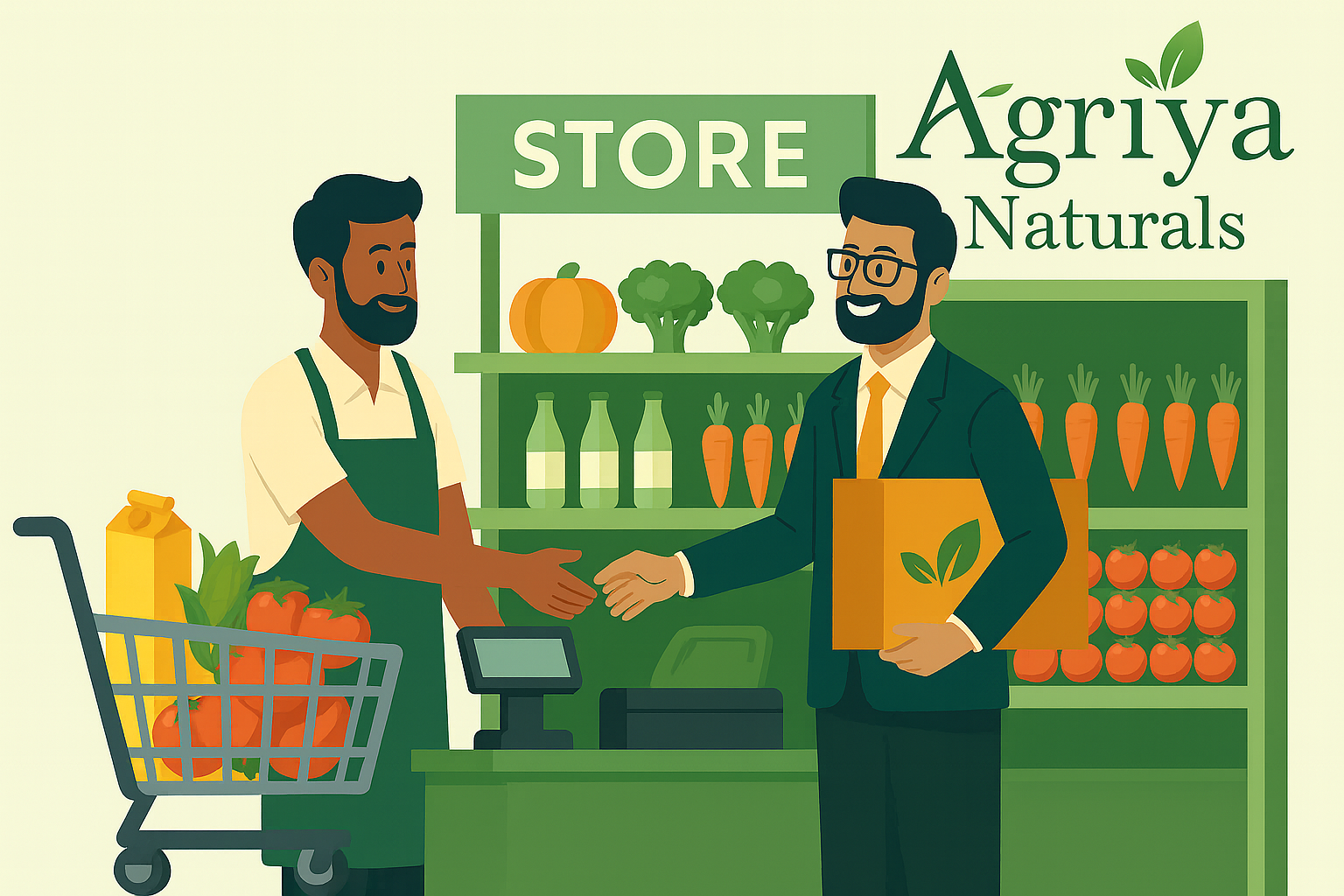 Illustration of a grocery store with an Agriya Naturals logo, showing retailers stocking and selling sustainable food products.