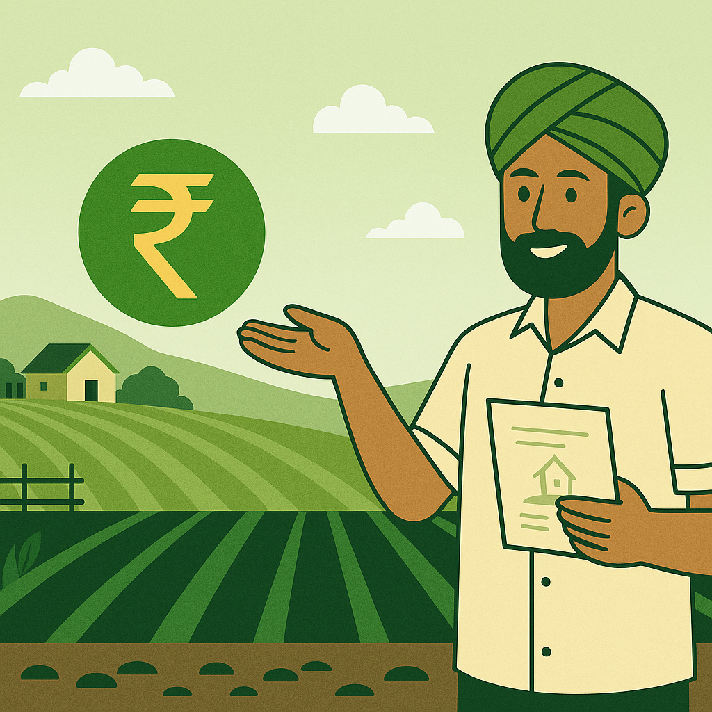 Land Owners as Partners โ Cultivating Value with Strivara Global Illustration of landowners partnering with Strivara Global, showcasing farmland being leased for sustainable cultivation with fair returns and shared growth.