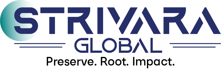 Strivara Global Pvt Ltd logo with modern typography and green leaf accents symbolizing sustainability and growth.