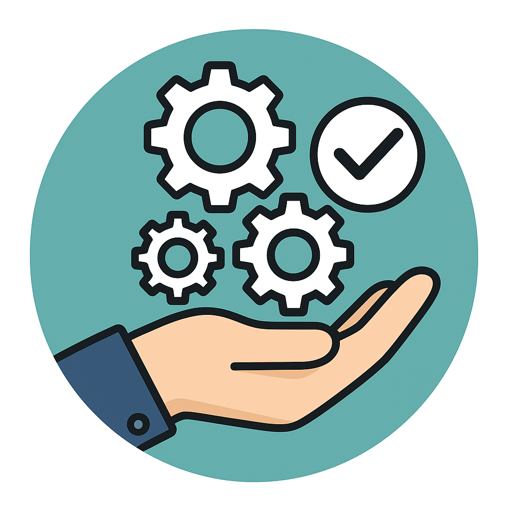 Illustration of a hand holding gears with a checkmark, symbolizing integrity, collaboration, and sustainability
