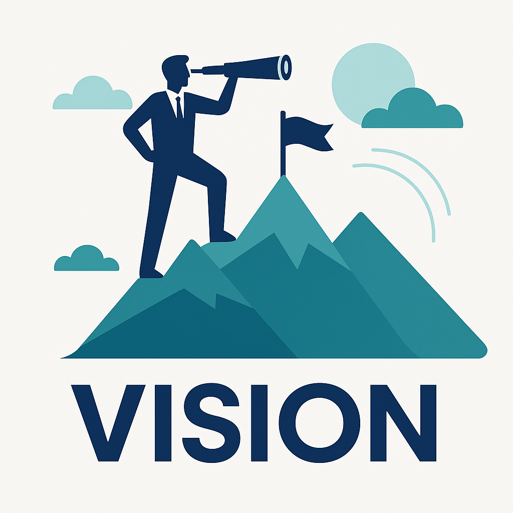 Illustration of a person standing on a mountain with a telescope, symbolizing foresight and ambition.
